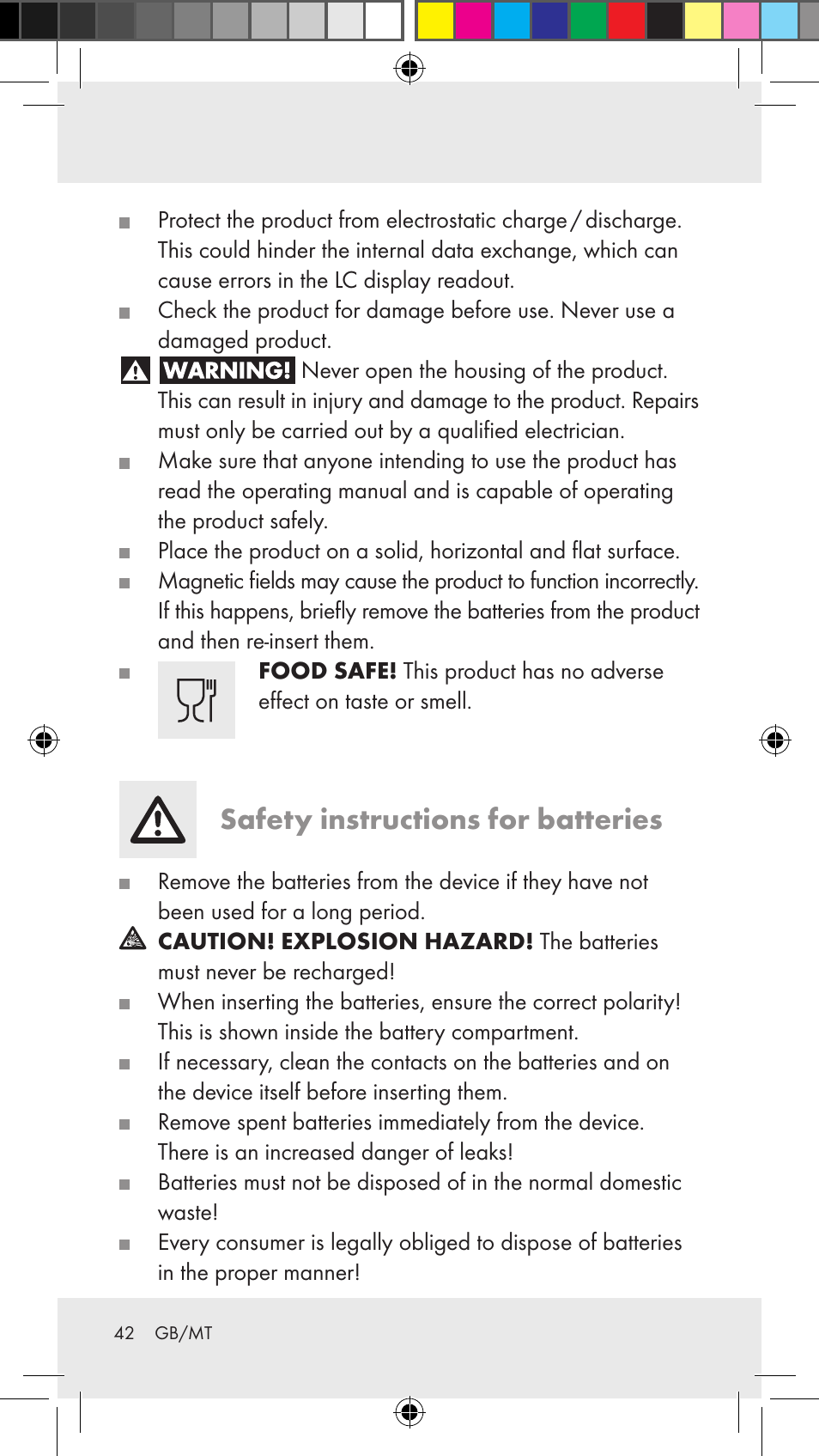 Safety instructions for batteries | Silvercrest Z31183 User Manual | Page 42 / 62