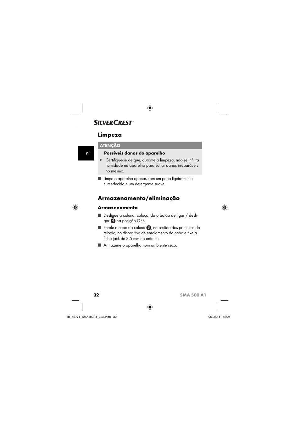 Limpeza, Armazenamento/eliminação, Armazenamento | Silvercrest SMA 500 A1 User Manual | Page 35 / 76