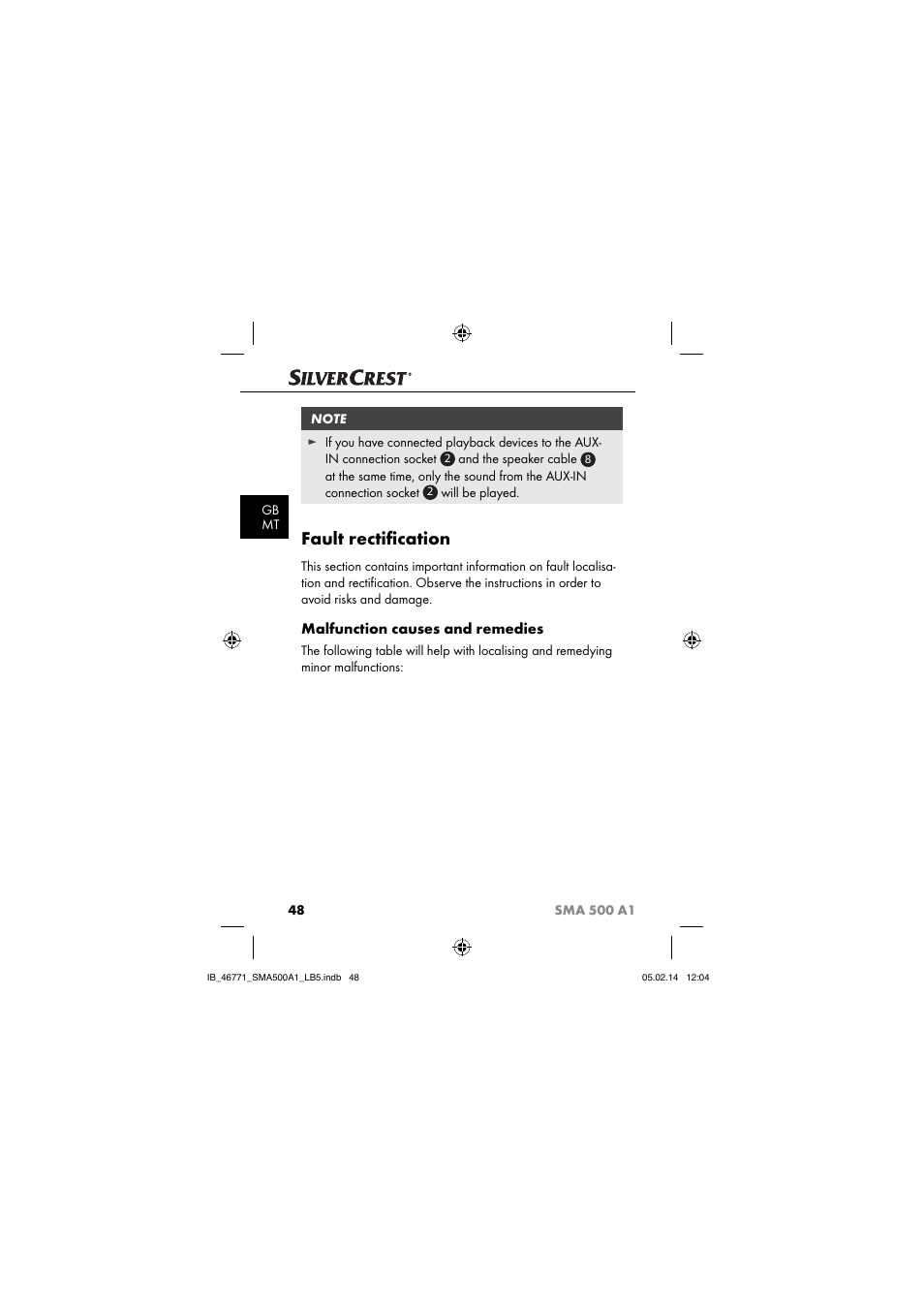 Fault rectiﬁ cation, Malfunction causes and remedies | Silvercrest SMA 500 A1 User Manual | Page 51 / 76
