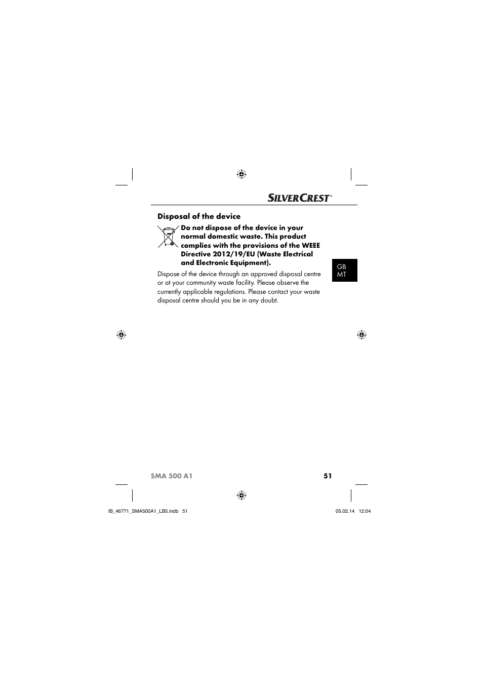 Disposal of the device | Silvercrest SMA 500 A1 User Manual | Page 54 / 76