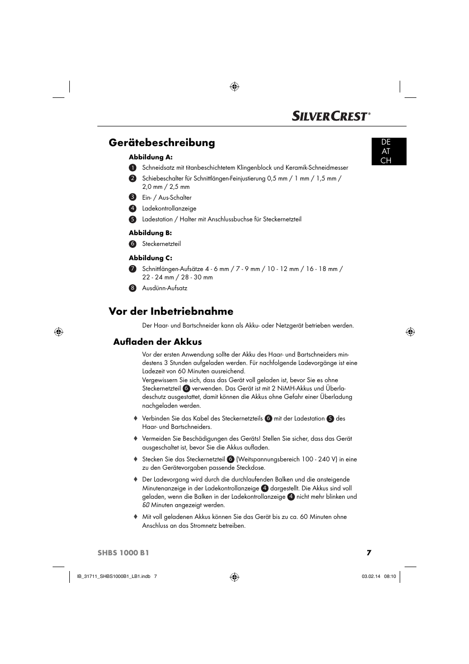 Gerätebeschreibung, Vor der inbetriebnahme, Auﬂ aden der akkus | De at ch | Silvercrest SHBS 1000 A1 User Manual | Page 10 / 74