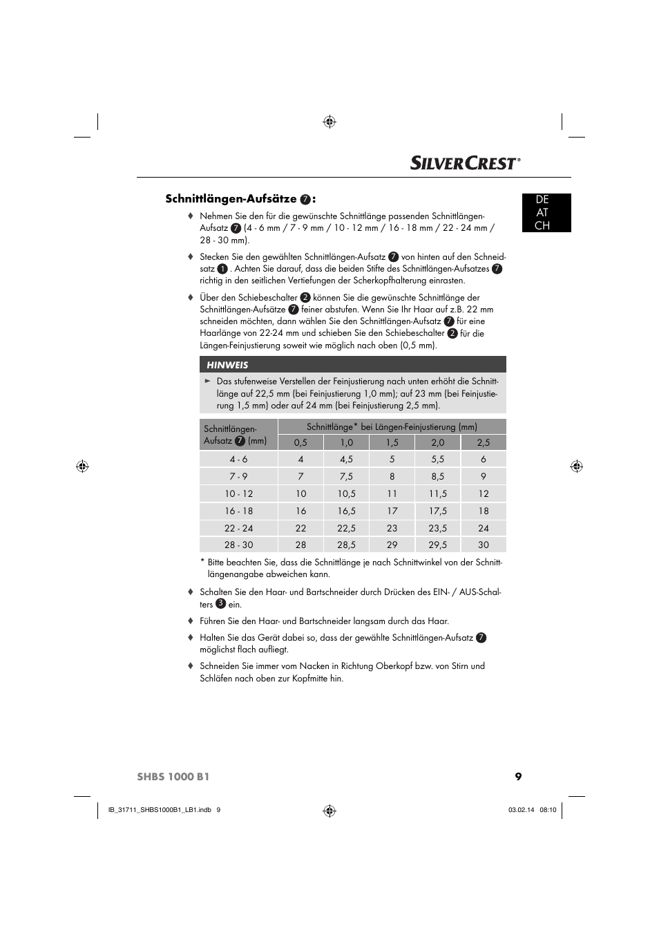 De at ch schnittlängen-aufsätze | Silvercrest SHBS 1000 A1 User Manual | Page 12 / 74