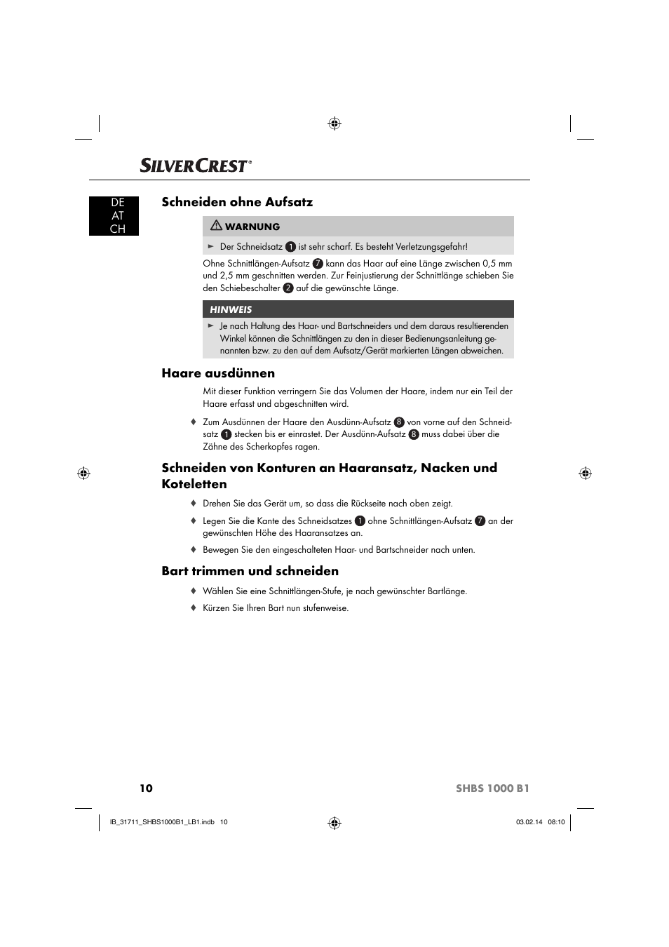 Schneiden ohne aufsatz, Haare ausdünnen, Bart trimmen und schneiden | De at ch | Silvercrest SHBS 1000 A1 User Manual | Page 13 / 74