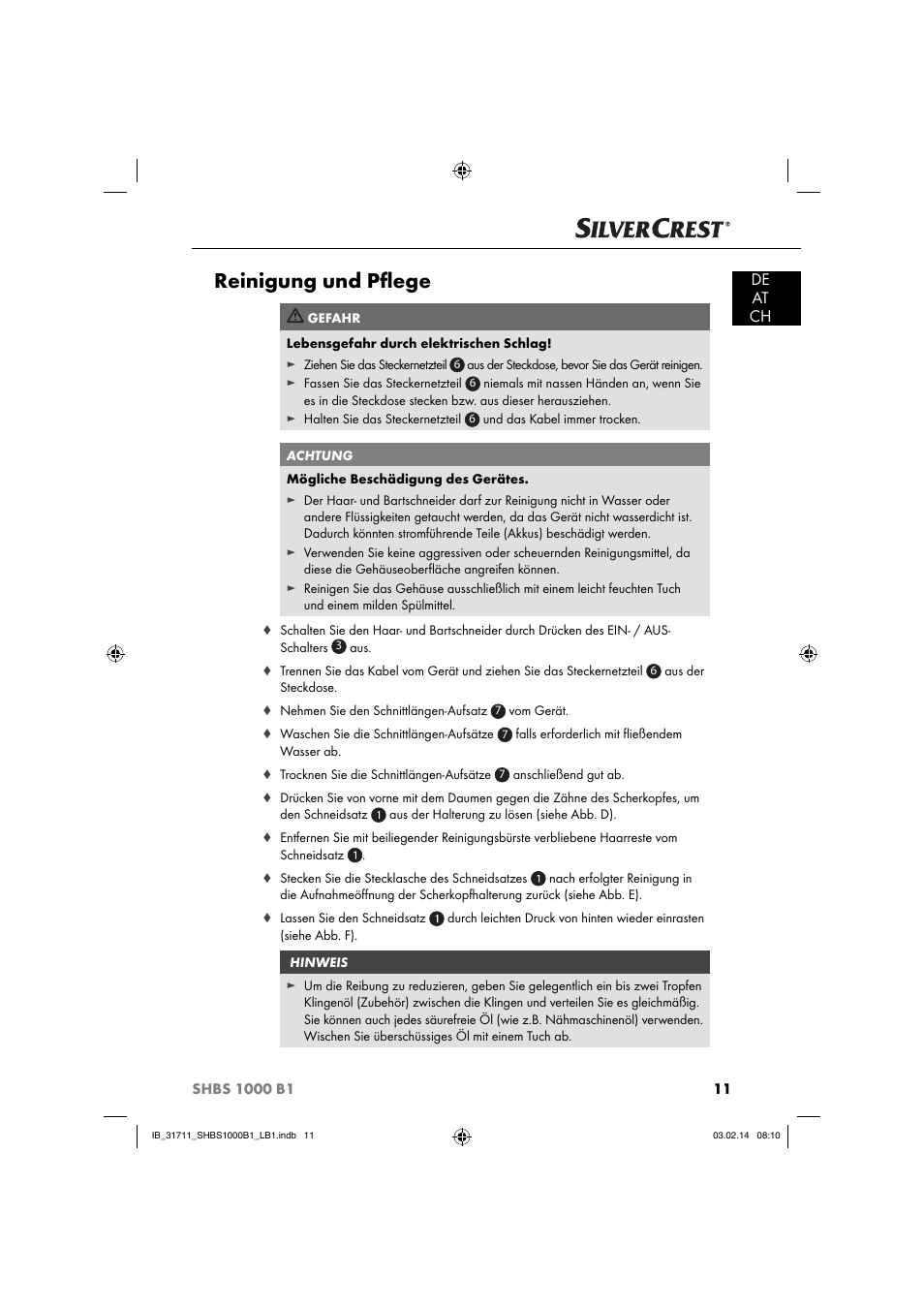Reinigung und pﬂ ege, De at ch | Silvercrest SHBS 1000 A1 User Manual | Page 14 / 74