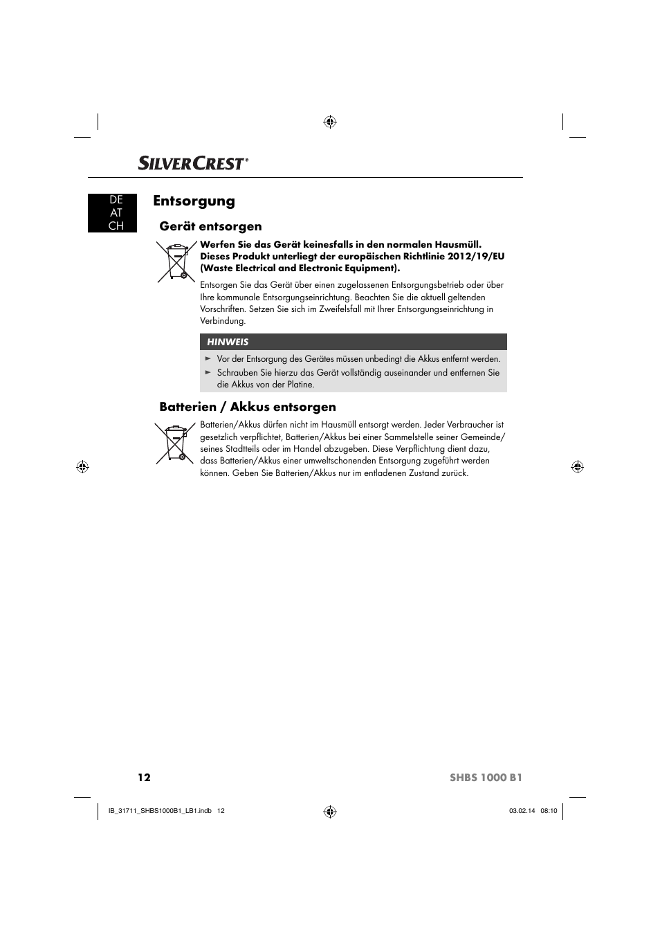 Entsorgung, Gerät entsorgen, Batterien / akkus entsorgen | Silvercrest SHBS 1000 A1 User Manual | Page 15 / 74