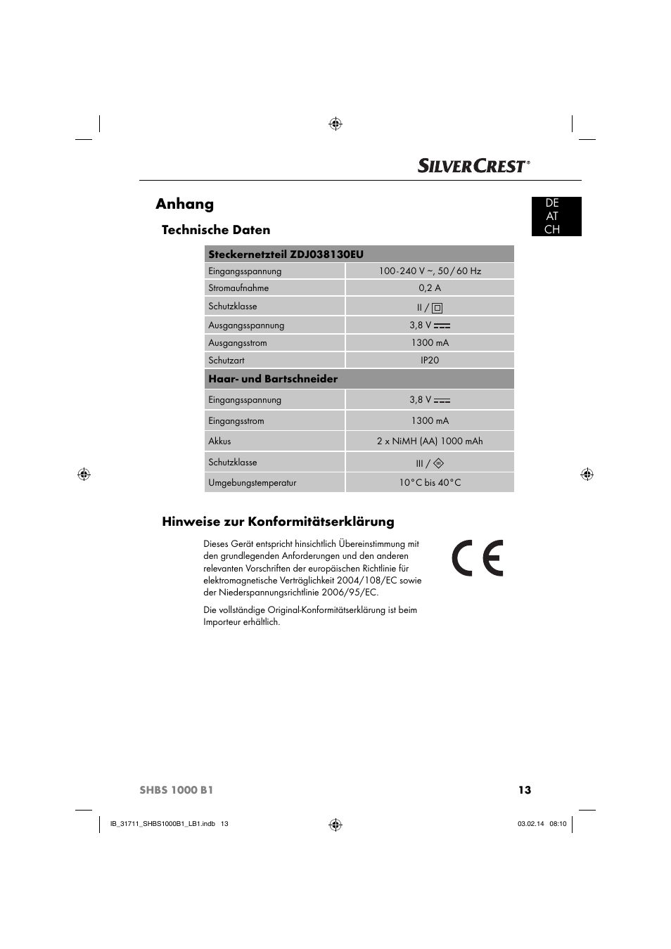 Anhang, Technische daten, Hinweise zur konformitätserklärung | De at ch | Silvercrest SHBS 1000 A1 User Manual | Page 16 / 74