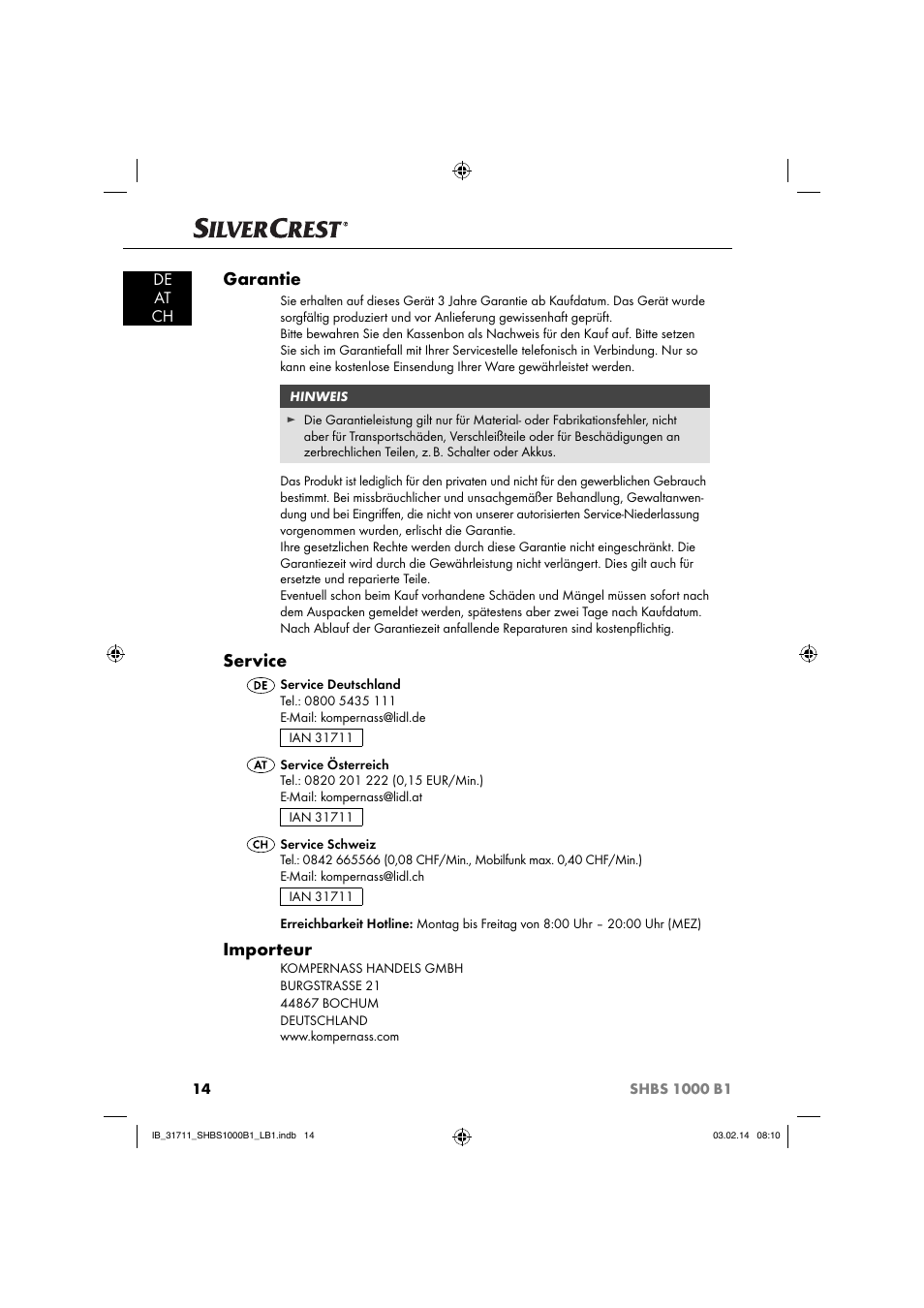 Garantie, Service, Importeur | De at ch | Silvercrest SHBS 1000 A1 User Manual | Page 17 / 74