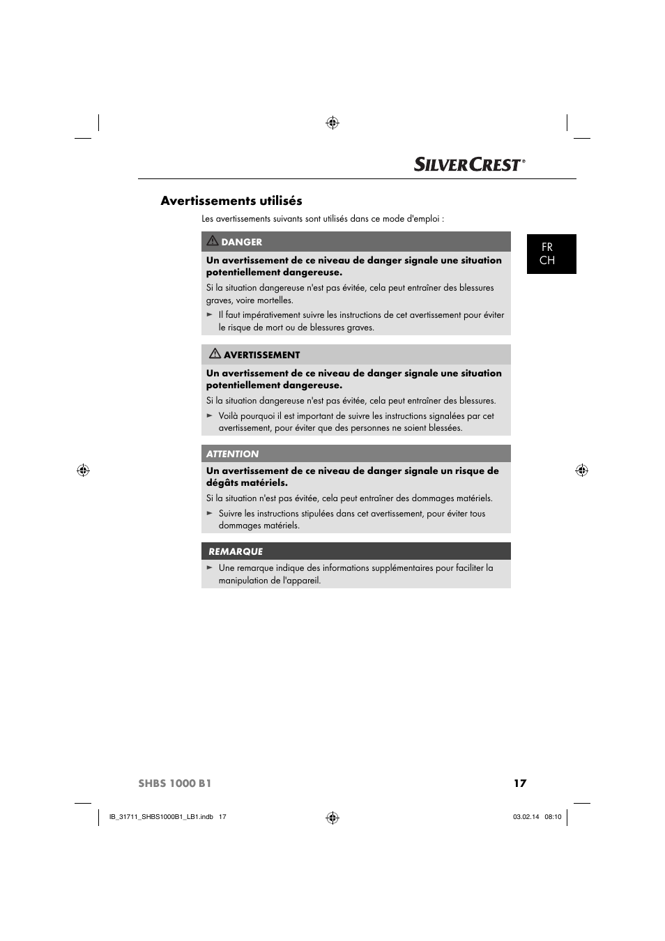 Avertissements utilisés, Fr ch | Silvercrest SHBS 1000 A1 User Manual | Page 20 / 74