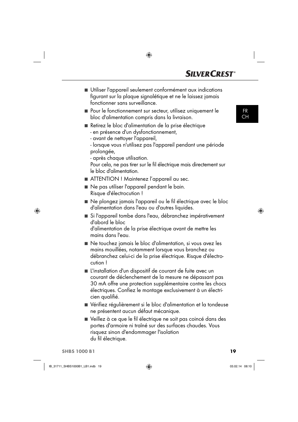 Attention ! maintenez l’appareil au sec | Silvercrest SHBS 1000 A1 User Manual | Page 22 / 74