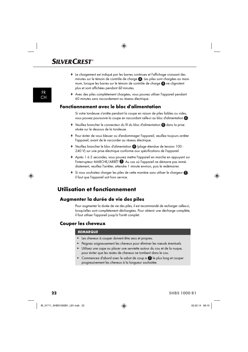 Utilisation et fonctionnement, Fonctionnement avec le bloc d'alimentation, Augmenter la durée de vie des piles | Couper les cheveux, Fr ch | Silvercrest SHBS 1000 A1 User Manual | Page 25 / 74