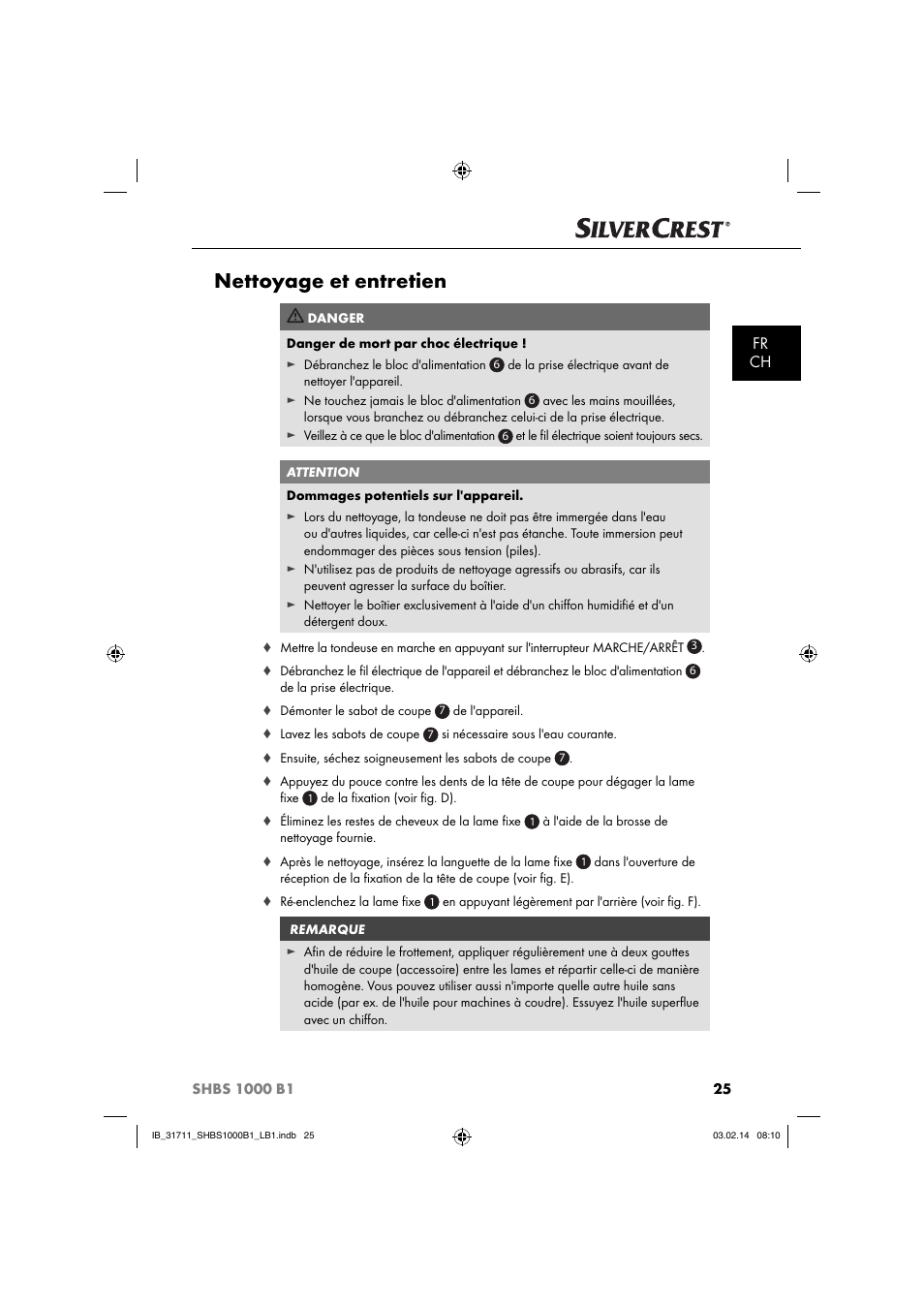 Nettoyage et entretien, Fr ch | Silvercrest SHBS 1000 A1 User Manual | Page 28 / 74