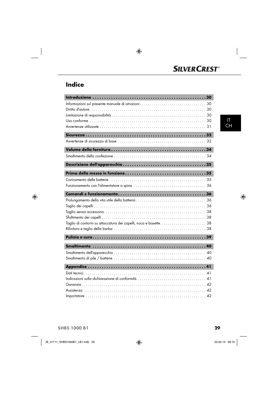 Indice, It ch | Silvercrest SHBS 1000 A1 User Manual | Page 32 / 74