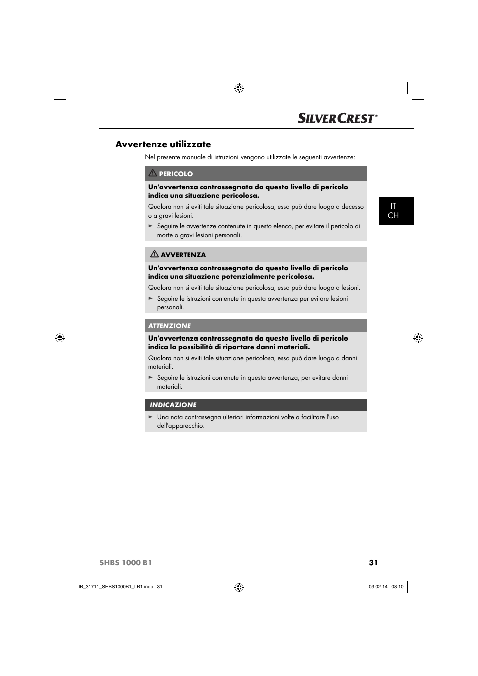 Avvertenze utilizzate, It ch | Silvercrest SHBS 1000 A1 User Manual | Page 34 / 74