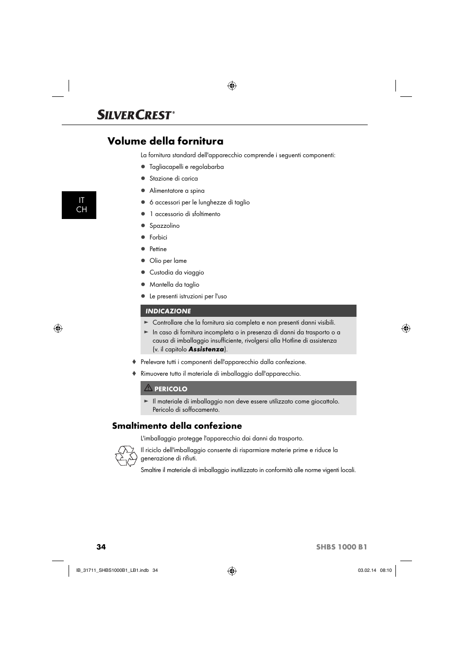 Volume della fornitura, Smaltimento della confezione, It ch | Silvercrest SHBS 1000 A1 User Manual | Page 37 / 74