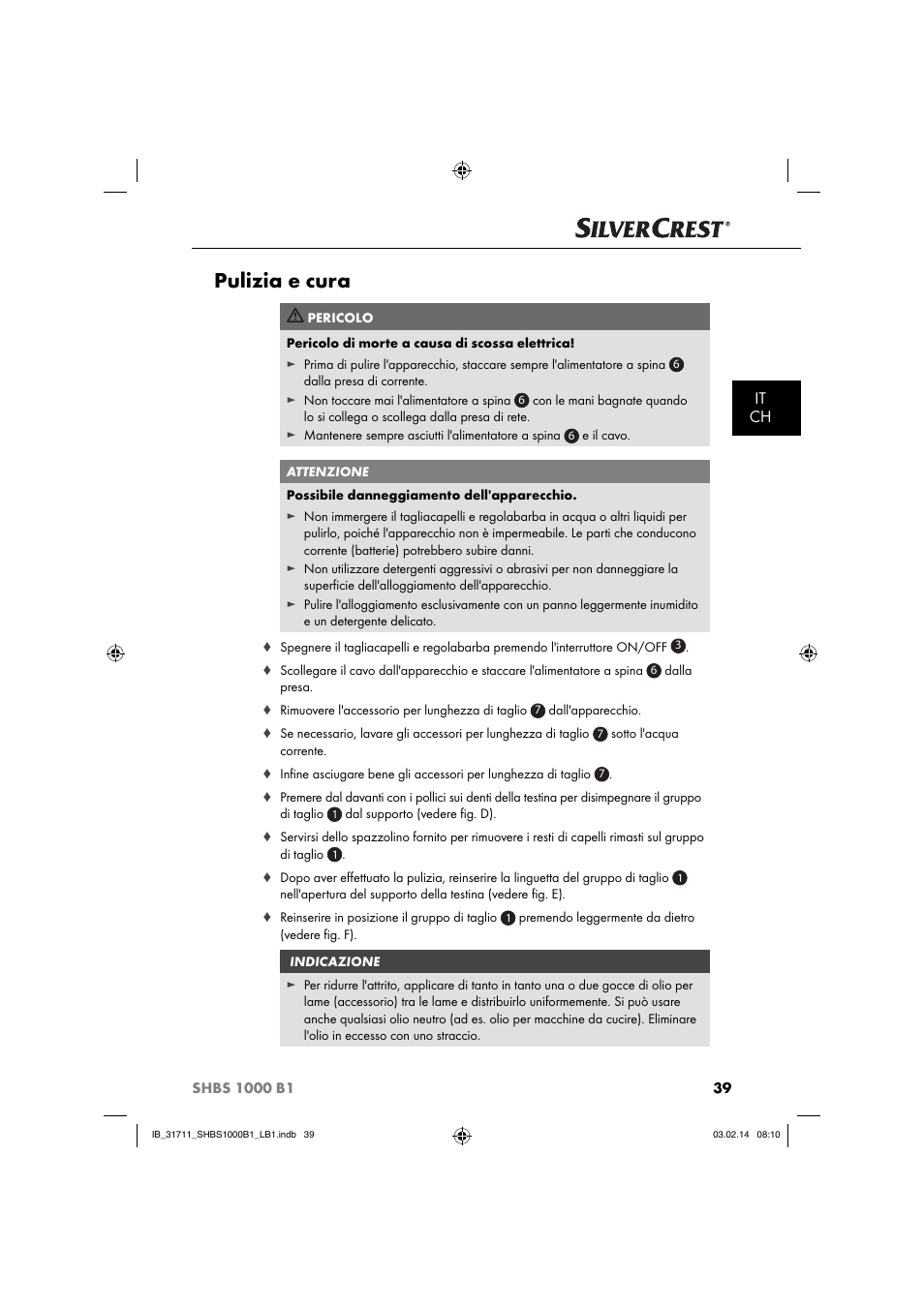 Pulizia e cura, It ch | Silvercrest SHBS 1000 A1 User Manual | Page 42 / 74