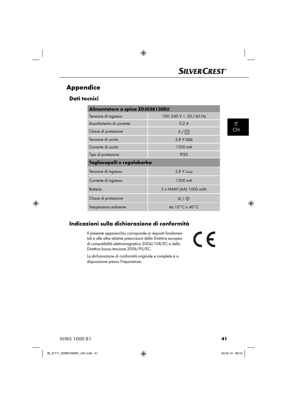 Appendice, Dati tecnici, Indicazioni sulla dichiarazione di conformità | It ch | Silvercrest SHBS 1000 A1 User Manual | Page 44 / 74