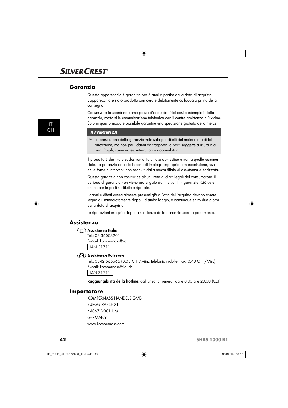 Garanzia, Assistenza, Importatore | It ch | Silvercrest SHBS 1000 A1 User Manual | Page 45 / 74
