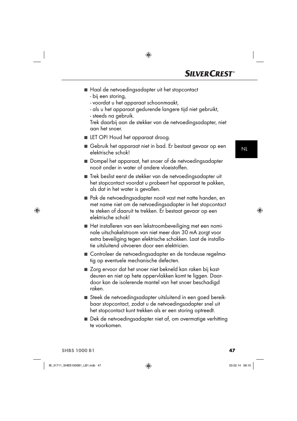 Let op! houd het apparaat droog | Silvercrest SHBS 1000 A1 User Manual | Page 50 / 74