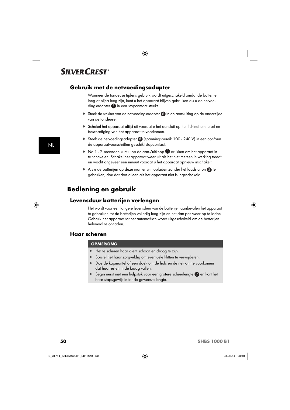Bediening en gebruik, Gebruik met de netvoedingsadapter, Levensduur batterijen verlengen | Haar scheren | Silvercrest SHBS 1000 A1 User Manual | Page 53 / 74