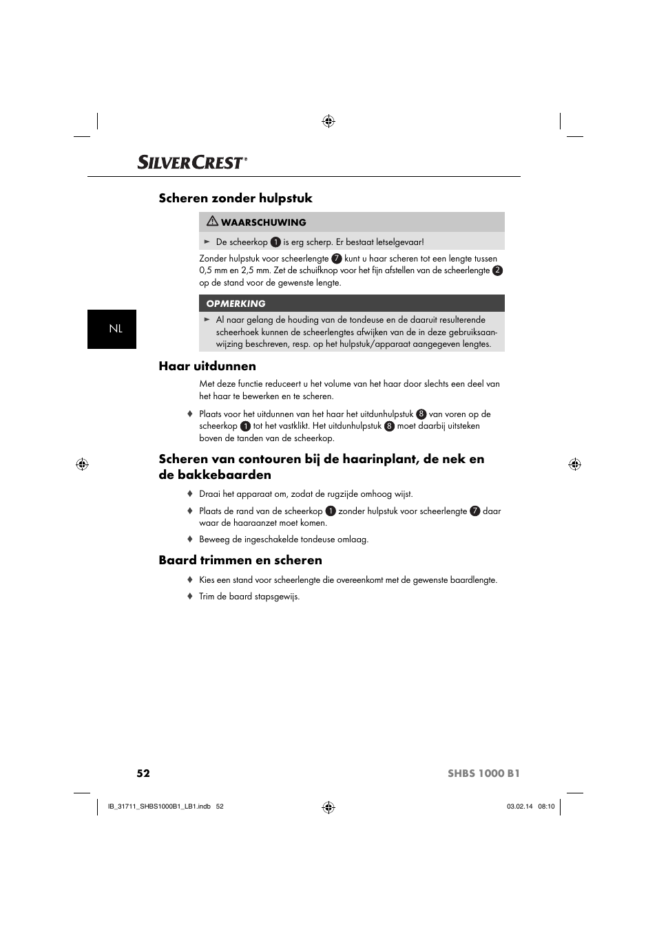 Scheren zonder hulpstuk, Haar uitdunnen, Baard trimmen en scheren | Silvercrest SHBS 1000 A1 User Manual | Page 55 / 74