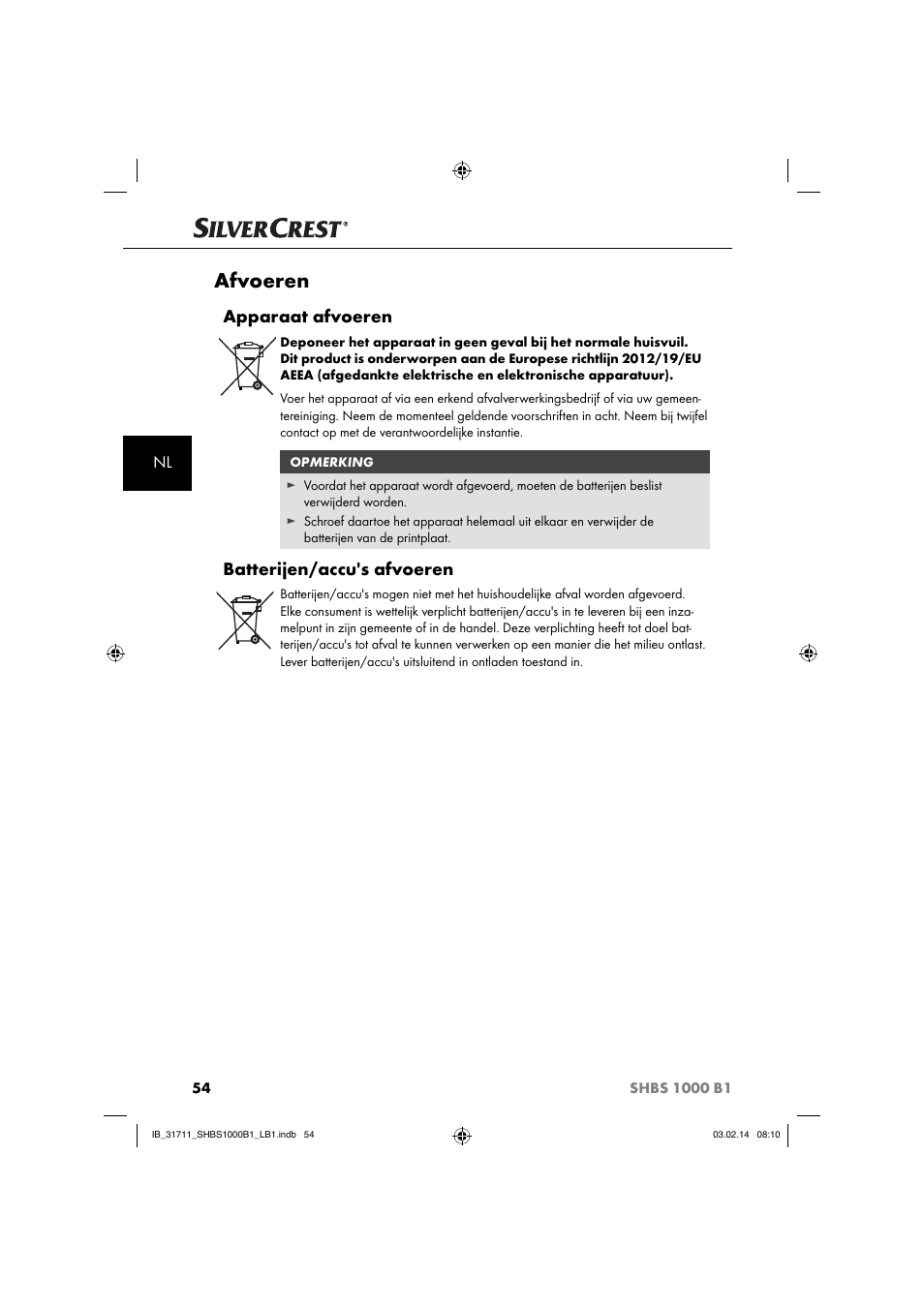 Afvoeren, Apparaat afvoeren, Batterijen/accu's afvoeren | Silvercrest SHBS 1000 A1 User Manual | Page 57 / 74