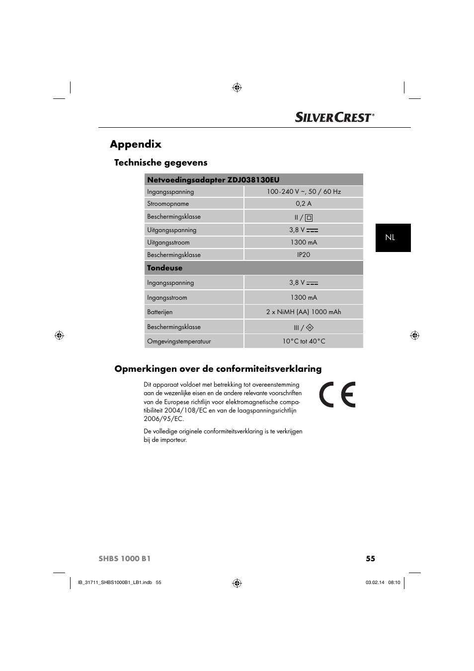 Appendix, Technische gegevens, Opmerkingen over de conformiteitsverklaring | Silvercrest SHBS 1000 A1 User Manual | Page 58 / 74