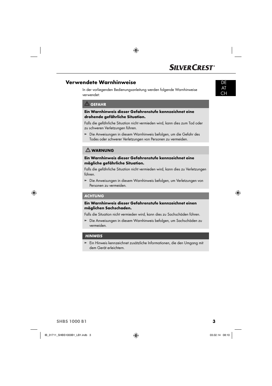 Verwendete warnhinweise, De at ch | Silvercrest SHBS 1000 A1 User Manual | Page 6 / 74