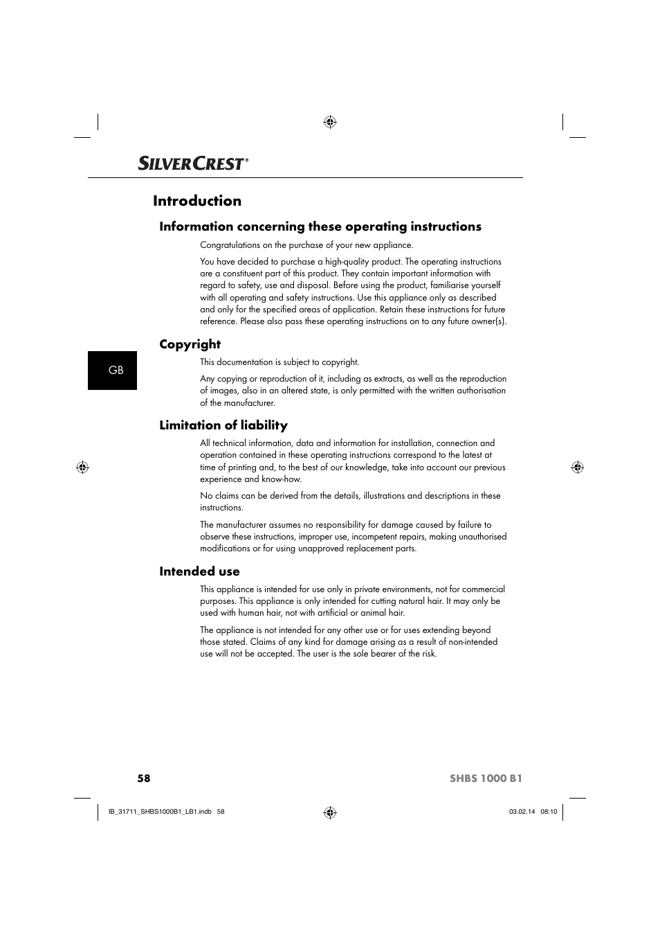 Introduction, Copyright, Limitation of liability | Intended use | Silvercrest SHBS 1000 A1 User Manual | Page 61 / 74