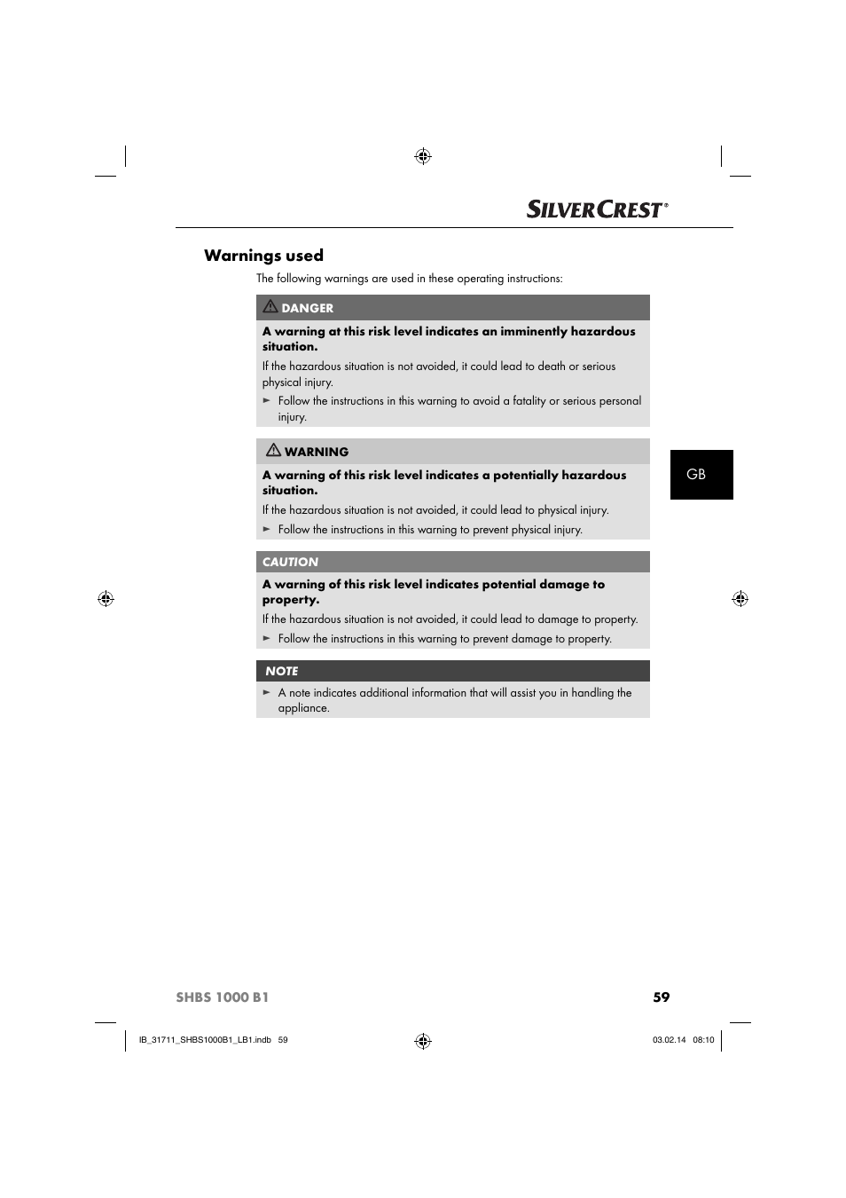 Warnings used | Silvercrest SHBS 1000 A1 User Manual | Page 62 / 74