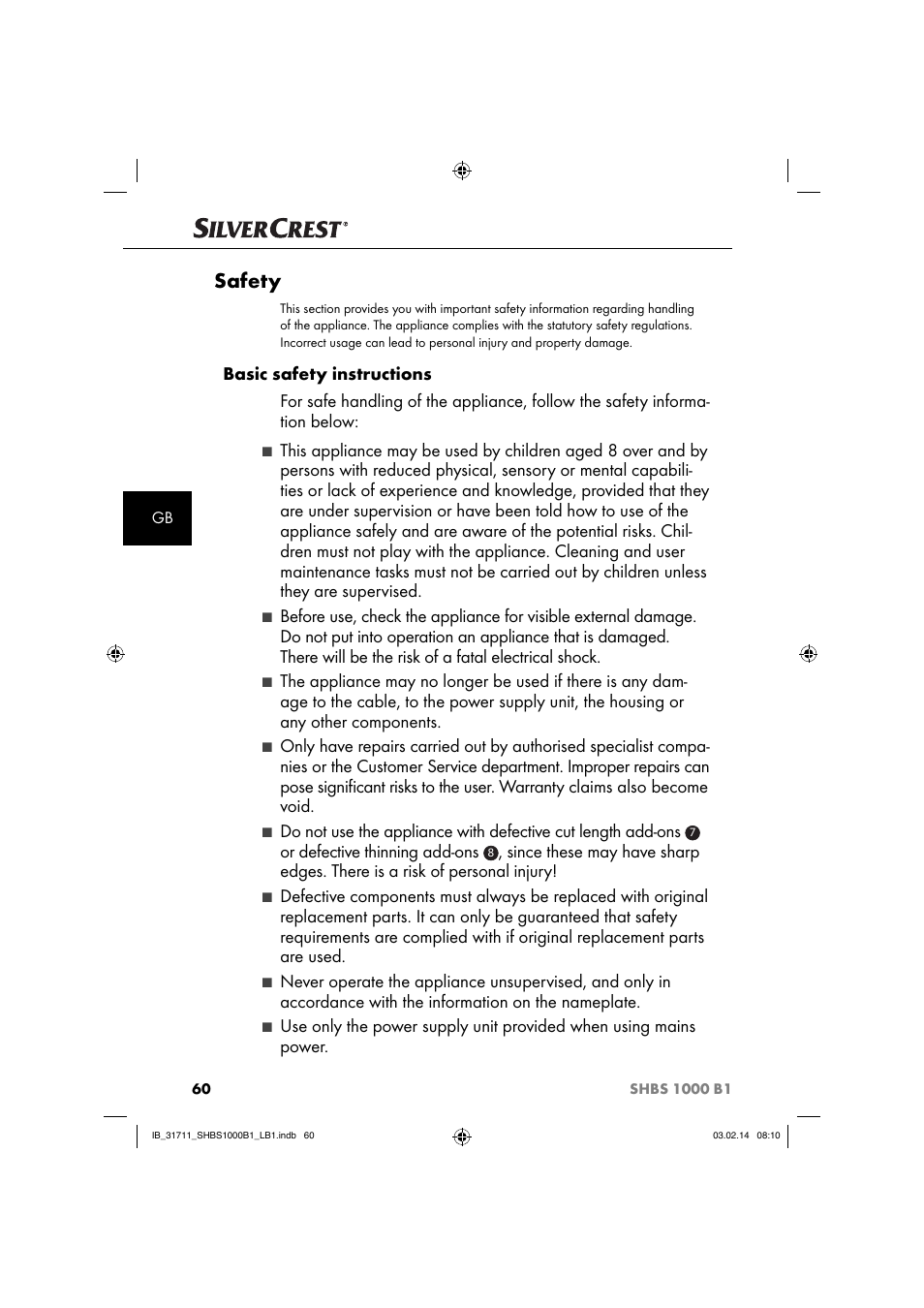 Safety, Or defective thinning add-ons | Silvercrest SHBS 1000 A1 User Manual | Page 63 / 74