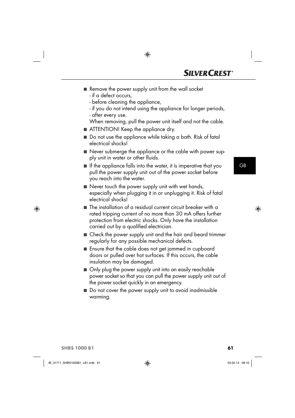 Attention! keep the appliance dry | Silvercrest SHBS 1000 A1 User Manual | Page 64 / 74