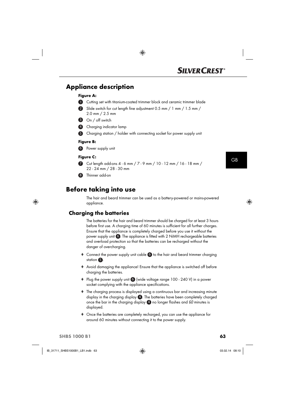 Appliance description, Before taking into use, Charging the batteries | Silvercrest SHBS 1000 A1 User Manual | Page 66 / 74