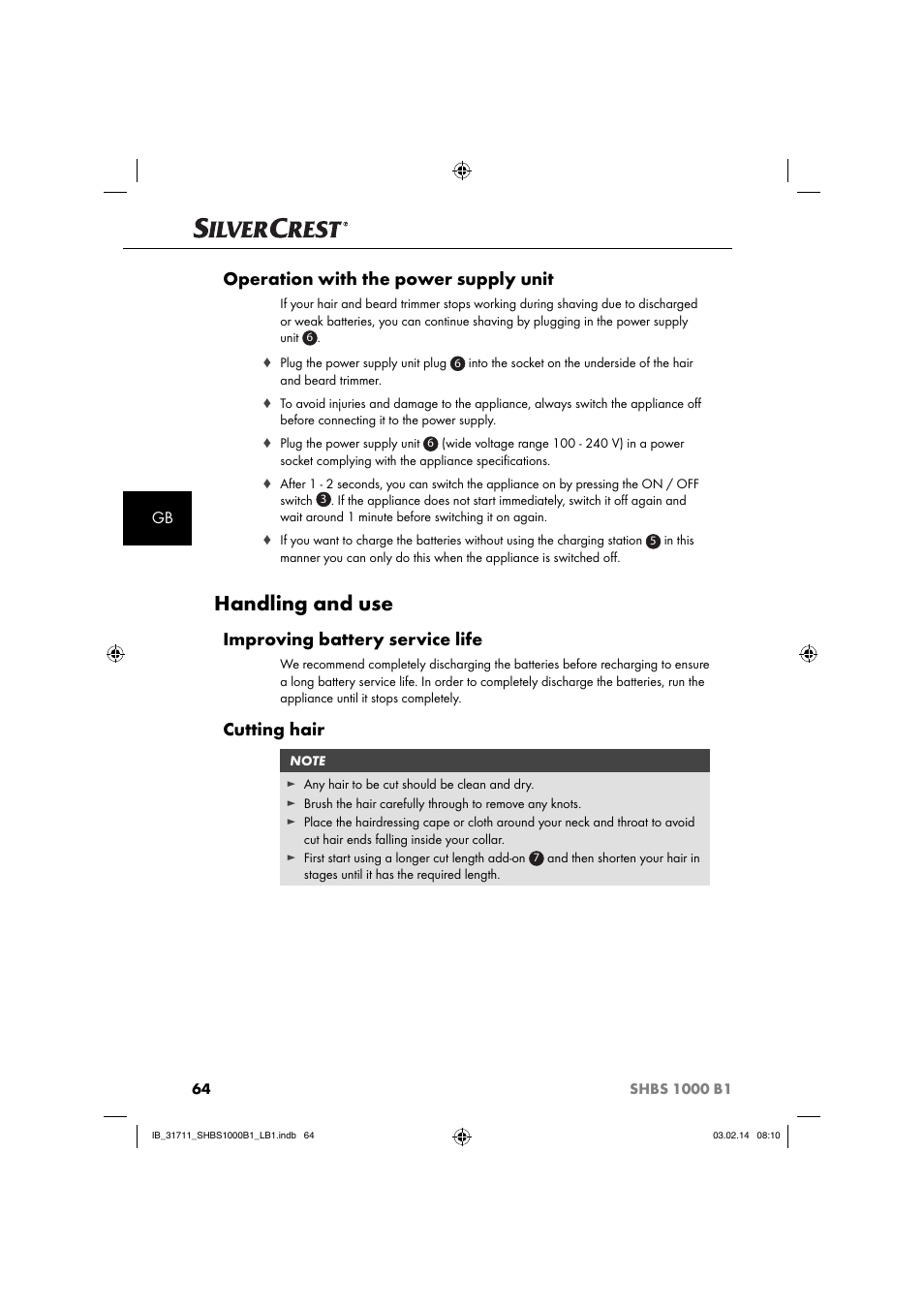Handling and use, Operation with the power supply unit, Improving battery service life | Cutting hair | Silvercrest SHBS 1000 A1 User Manual | Page 67 / 74
