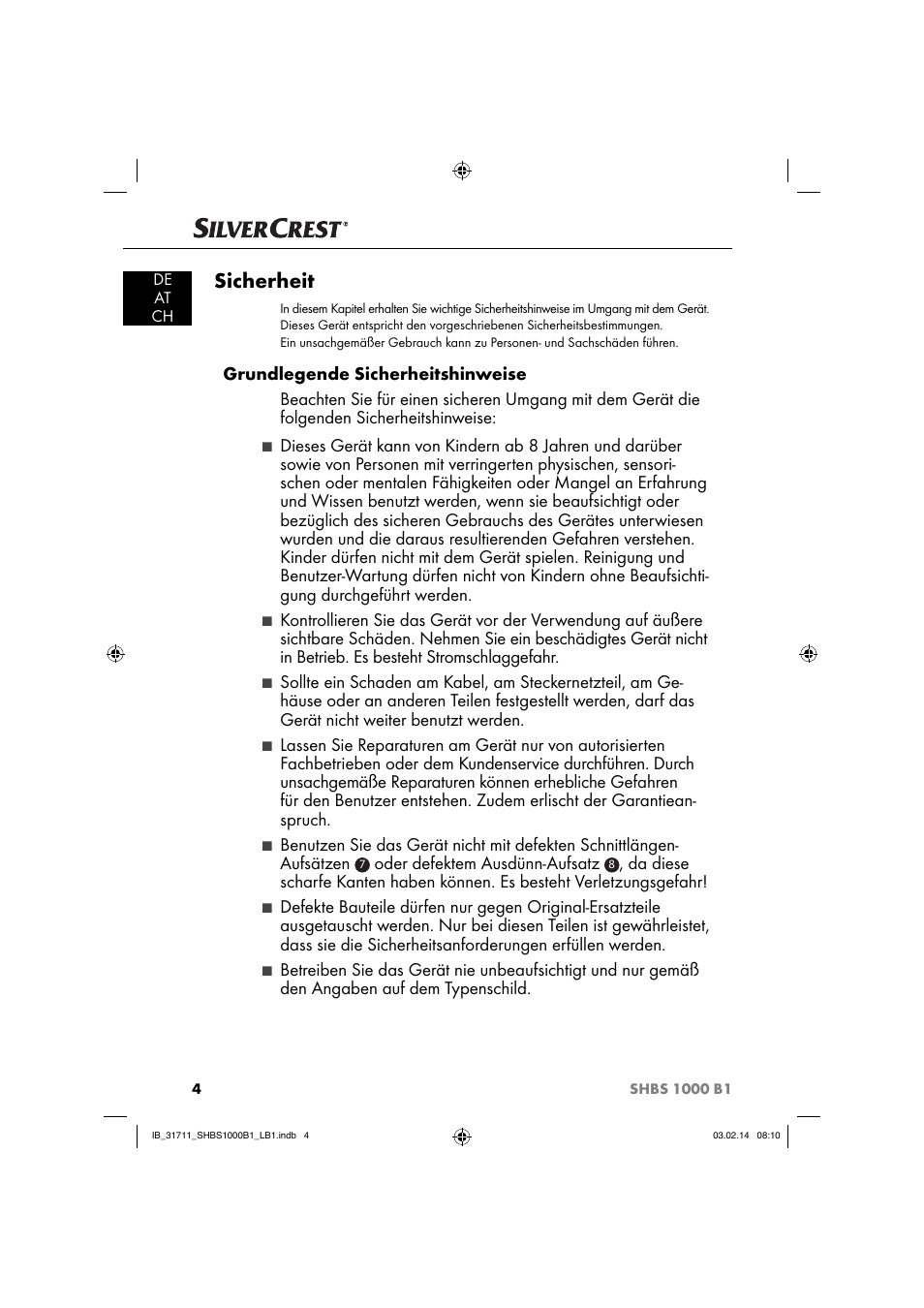 Sicherheit | Silvercrest SHBS 1000 A1 User Manual | Page 7 / 74