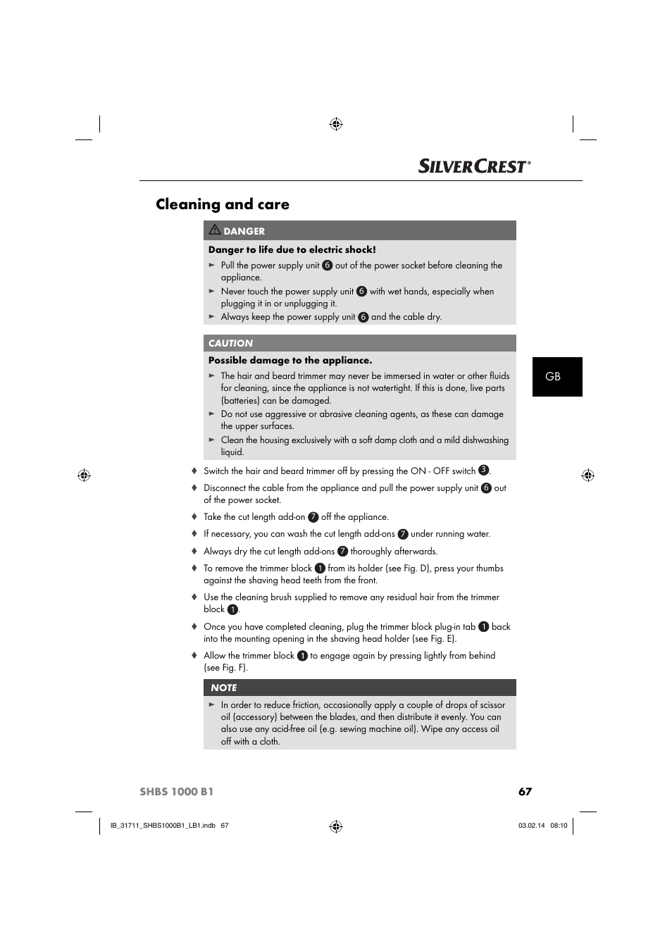 Cleaning and care | Silvercrest SHBS 1000 A1 User Manual | Page 70 / 74