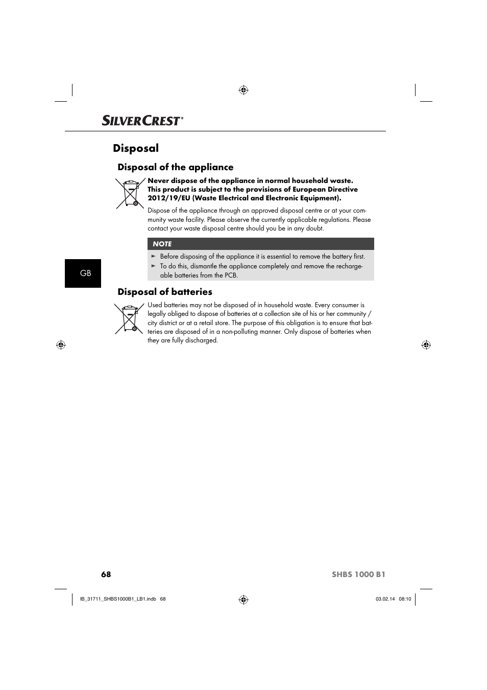 Disposal, Disposal of the appliance, Disposal of batteries | Silvercrest SHBS 1000 A1 User Manual | Page 71 / 74