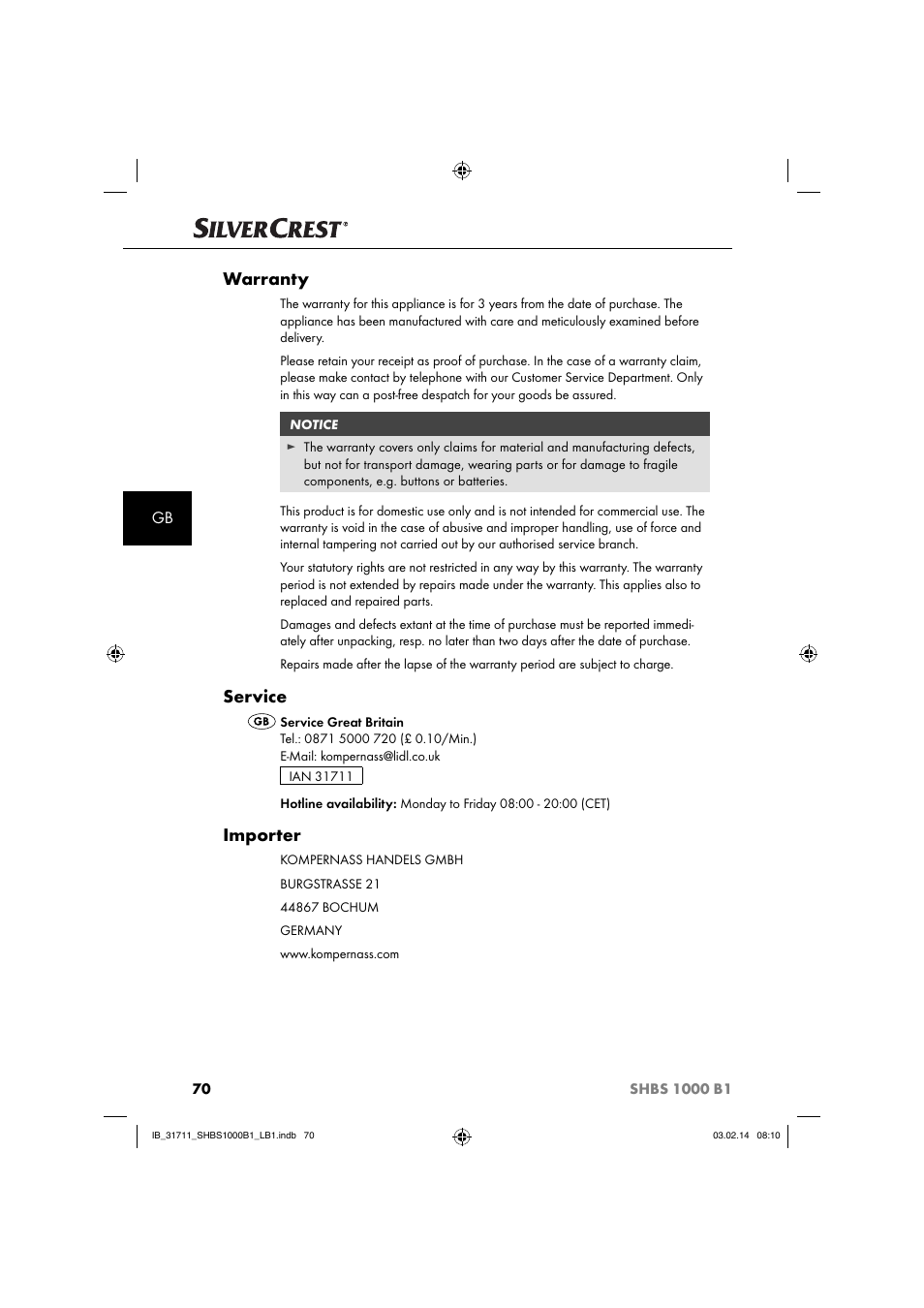 Warranty, Service, Importer | Silvercrest SHBS 1000 A1 User Manual | Page 73 / 74