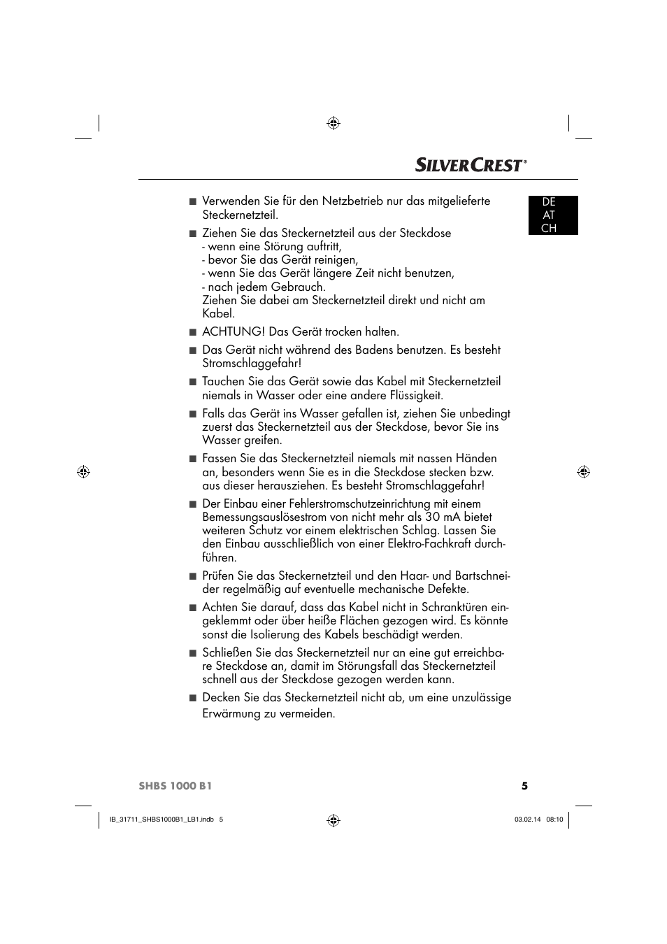 Achtung! das gerät trocken halten | Silvercrest SHBS 1000 A1 User Manual | Page 8 / 74