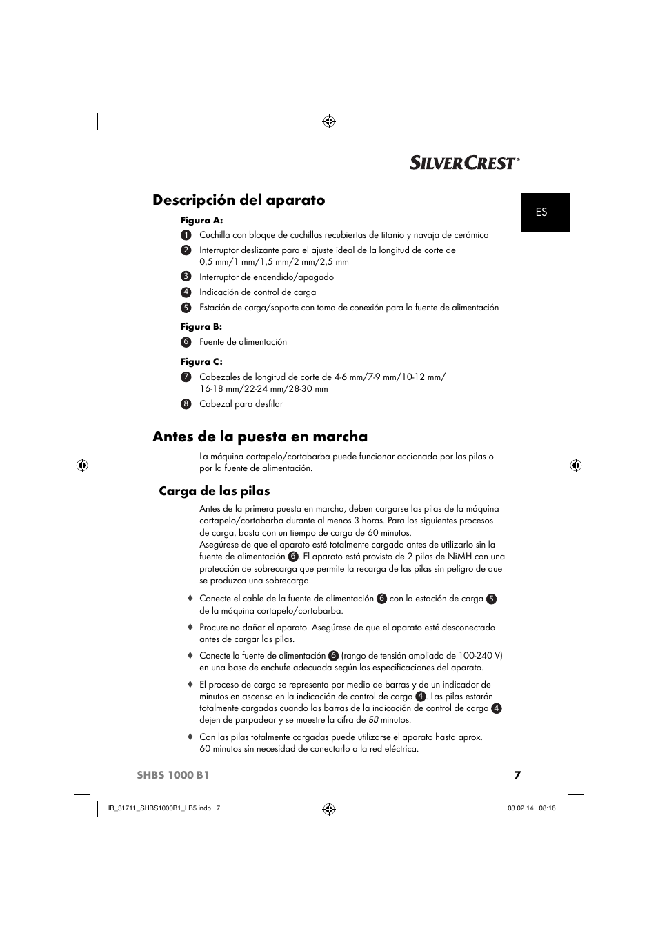 Descripción del aparato, Antes de la puesta en marcha, Carga de las pilas | Silvercrest SHBS 1000 A1 User Manual | Page 10 / 74