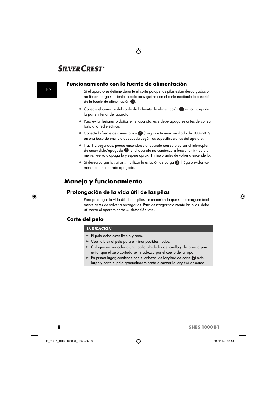 Manejo y funcionamiento, Funcionamiento con la fuente de alimentación, Prolongación de la vida útil de las pilas | Corte del pelo | Silvercrest SHBS 1000 A1 User Manual | Page 11 / 74