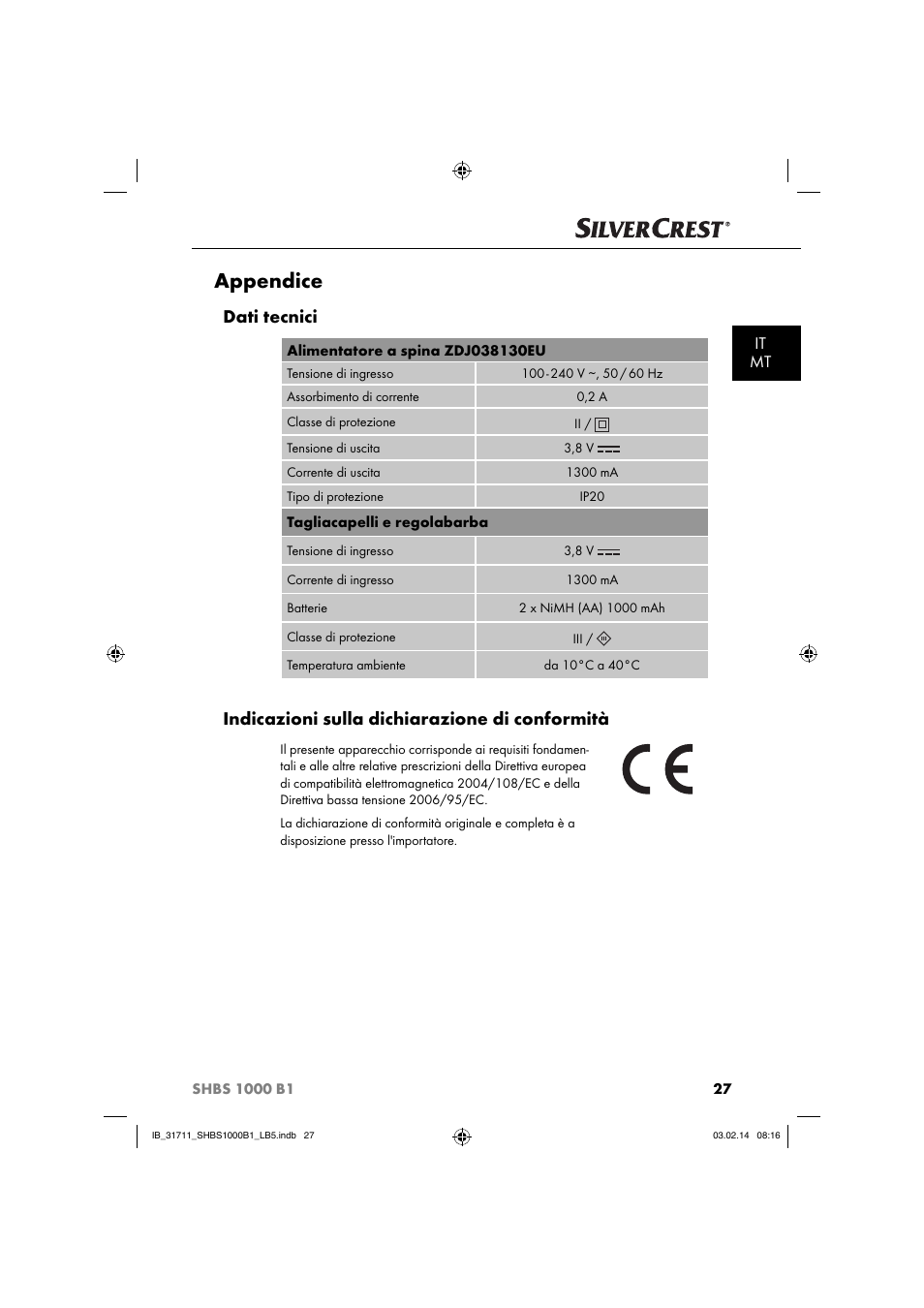 Appendice, Dati tecnici, Indicazioni sulla dichiarazione di conformità | It mt | Silvercrest SHBS 1000 A1 User Manual | Page 30 / 74