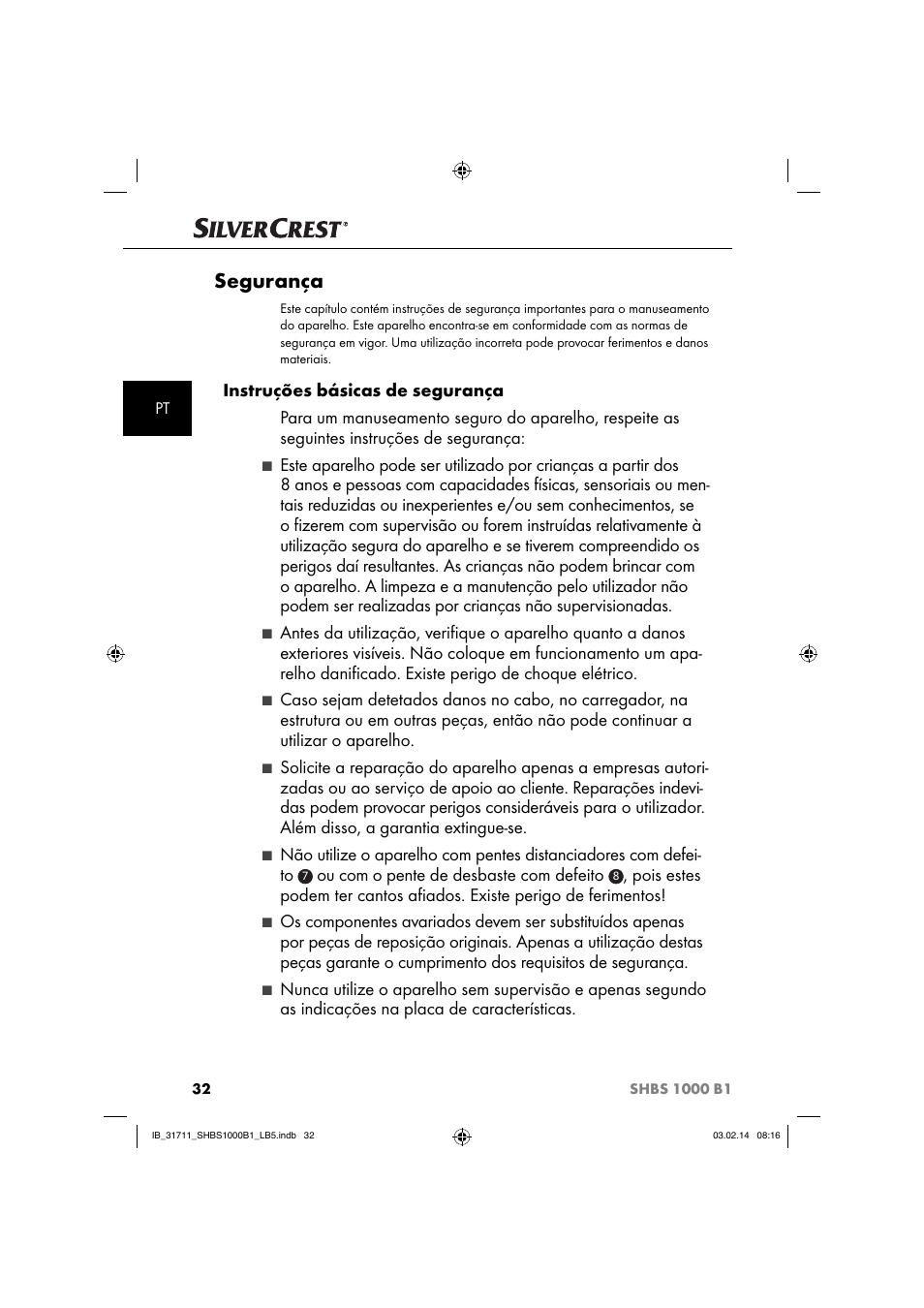 Segurança, Ou com o pente de desbaste com defeito | Silvercrest SHBS 1000 A1 User Manual | Page 35 / 74