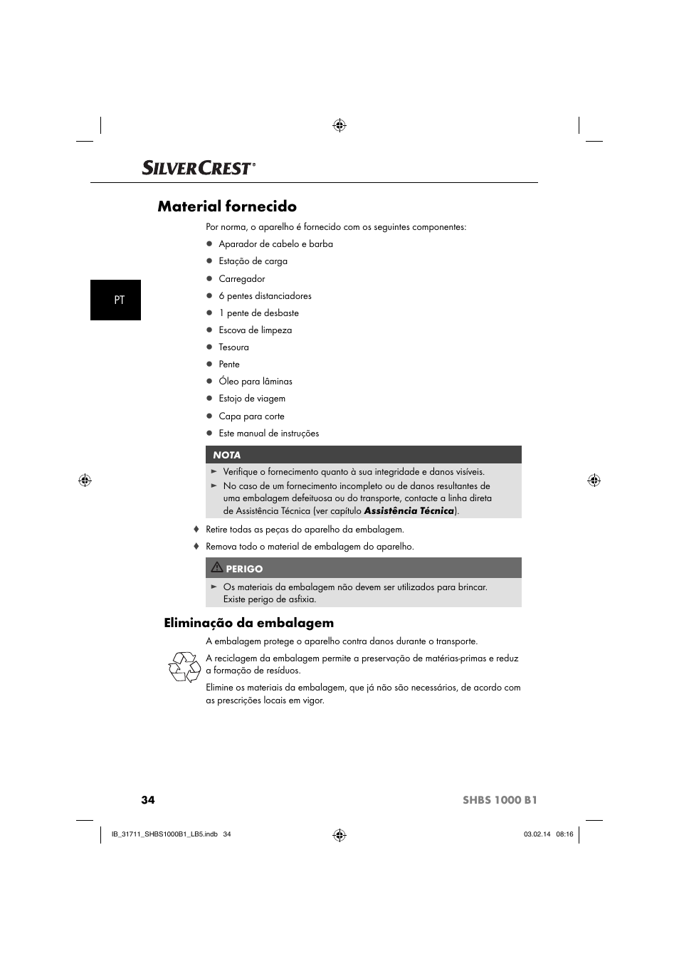 Material fornecido, Eliminação da embalagem | Silvercrest SHBS 1000 A1 User Manual | Page 37 / 74