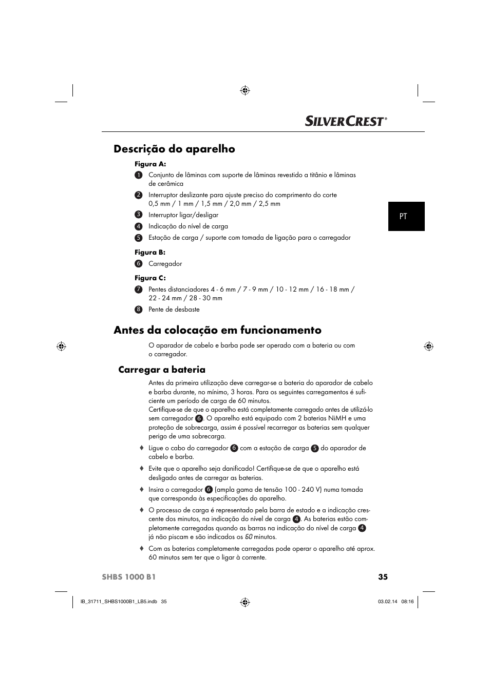 Descrição do aparelho, Antes da colocação em funcionamento, Carregar a bateria | Silvercrest SHBS 1000 A1 User Manual | Page 38 / 74