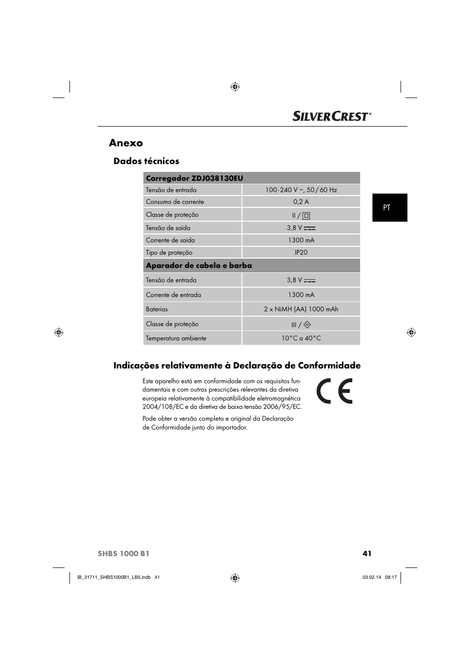 Anexo, Dados técnicos | Silvercrest SHBS 1000 A1 User Manual | Page 44 / 74