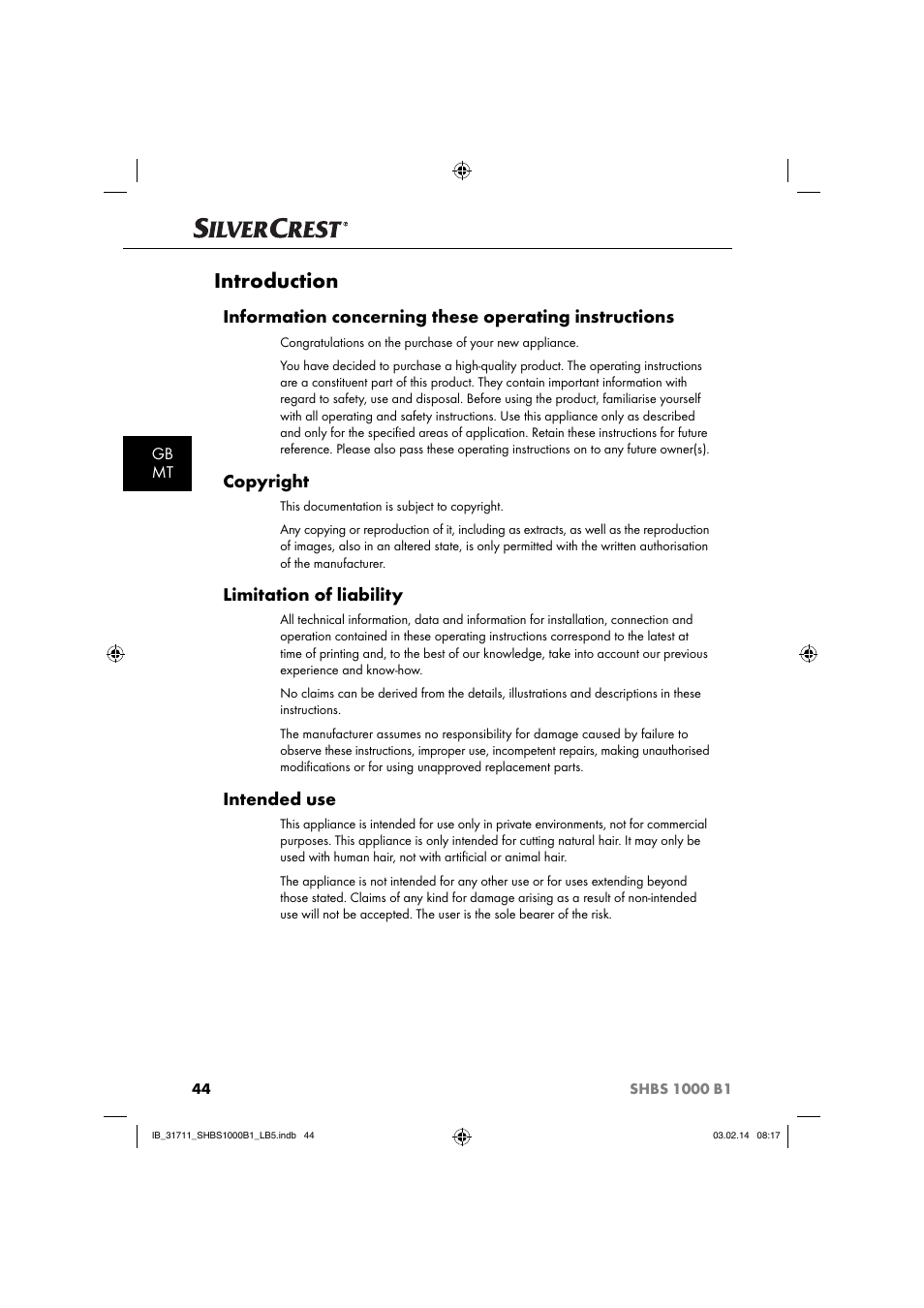 Introduction, Copyright, Limitation of liability | Intended use | Silvercrest SHBS 1000 A1 User Manual | Page 47 / 74