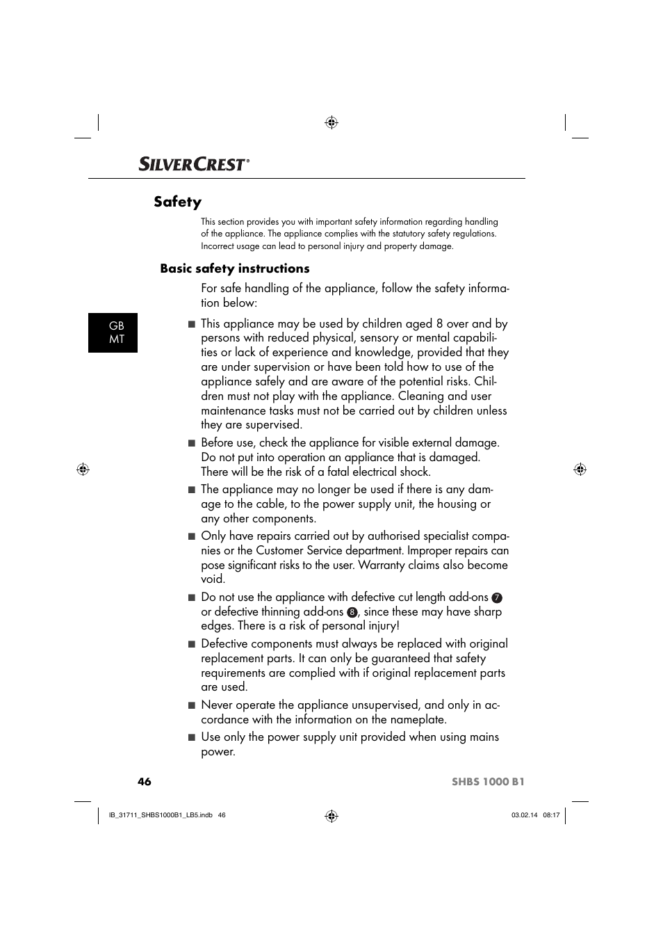 Safety, Or defective thinning add-ons | Silvercrest SHBS 1000 A1 User Manual | Page 49 / 74