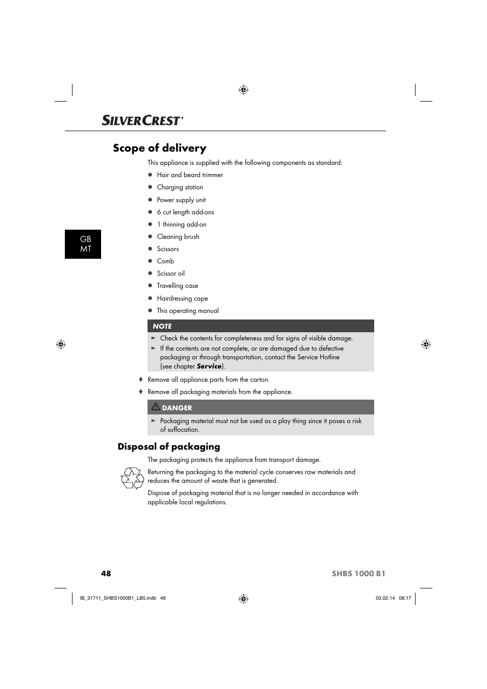 Scope of delivery, Disposal of packaging, Gb mt | Silvercrest SHBS 1000 A1 User Manual | Page 51 / 74