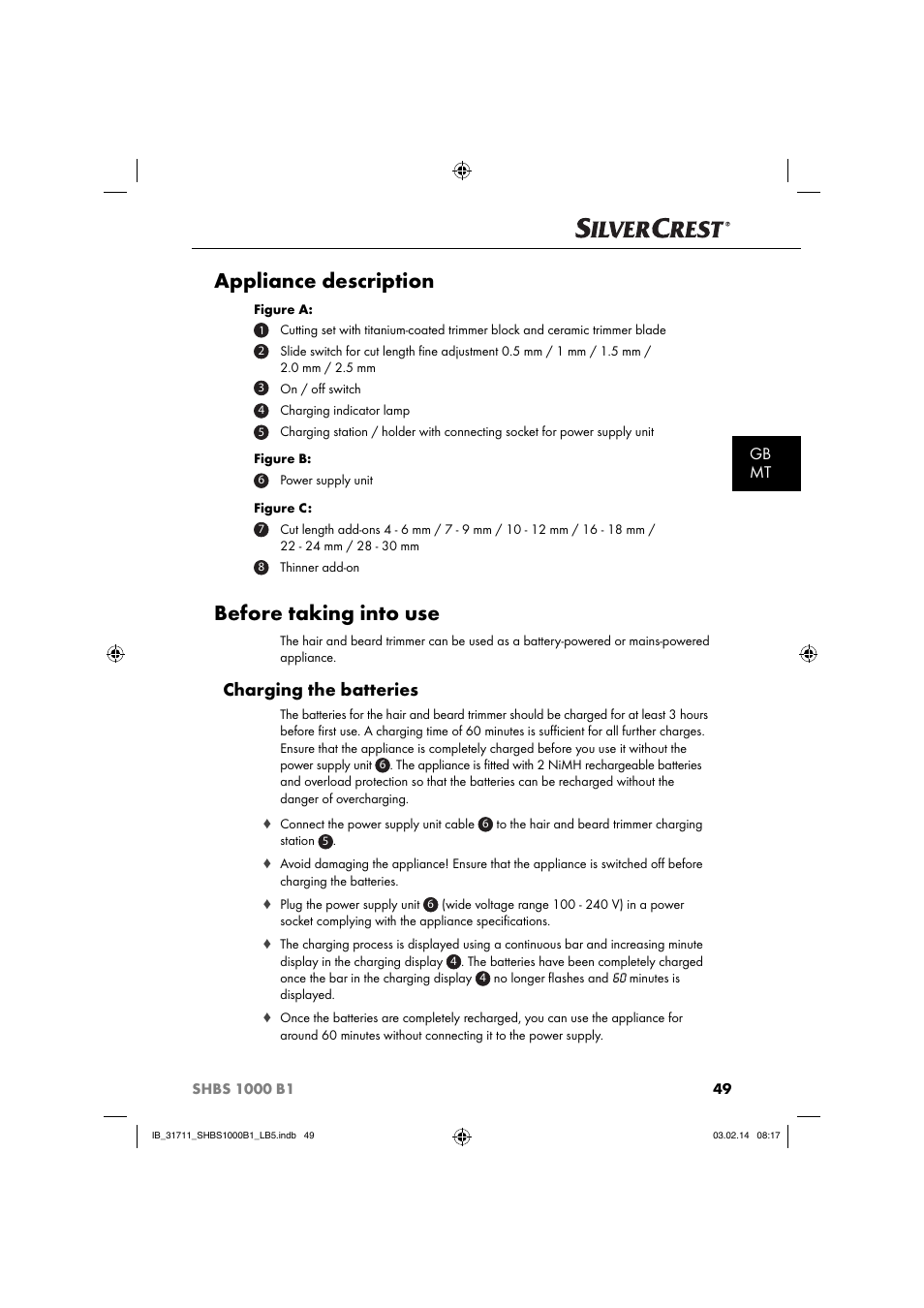 Appliance description, Before taking into use, Charging the batteries | Gb mt | Silvercrest SHBS 1000 A1 User Manual | Page 52 / 74