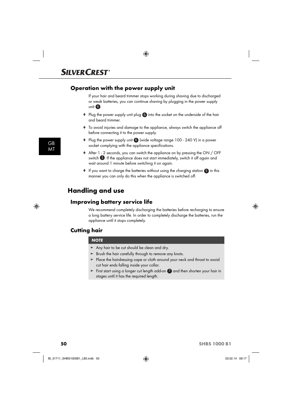 Handling and use, Operation with the power supply unit, Improving battery service life | Cutting hair, Gb mt | Silvercrest SHBS 1000 A1 User Manual | Page 53 / 74